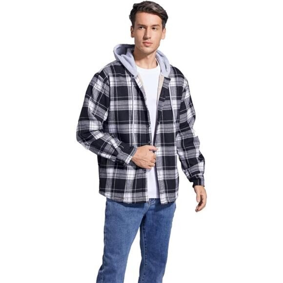 Mens Flannel Shirt Jacket Hooded Sherpa Lined Button Down Plaid Fleece Coat - Picture 4 of 8